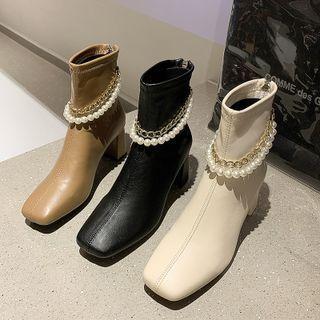 Chain & Faux Pearl Strap Chunky Heel Short Boots