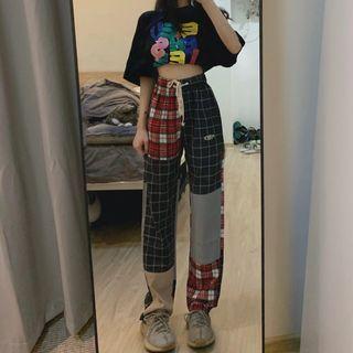 Plaid Patchwork Straight Leg Pants