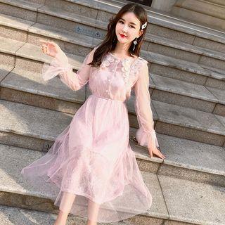 Lace Panel Long-sleeve Mesh Dress