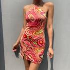 Halter-neck Color Block Print Mini Bodycon Dress