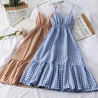 Elastic-waist Checker Sleeveless Dress