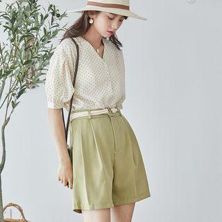 Set: Short-sleeve V-neck Dotted Chiffon Blouse + High-waist Wide-leg Shorts As Shown In Figure - One Size