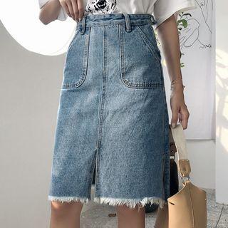 Washed Distressed Fitted Denim A-line Skirt