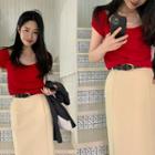 Cap-sleeve Color Knit Top