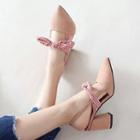 Gingham Bow Pointed Toe Slingback Chunky Heel Sandals