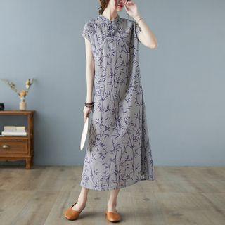 Cap-sleeve Leaf Print Midi Shift Dress