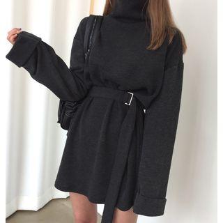 Turtleneck Long-sleeve Dress With Sash