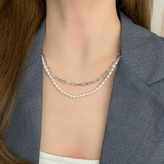 Faux Pearl & Chain Layered Necklace Xl1224 - Silver & White - One Size