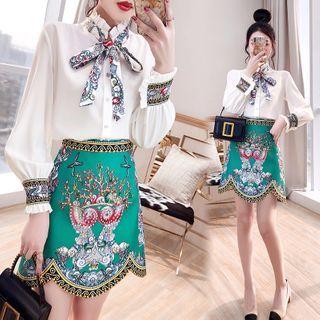 Set: Printed Bow Blouse + A-line Skirt