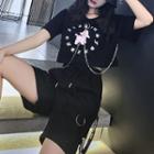 Short-sleeve Sheep Print Cropped T-shirt / Drawstring Shorts