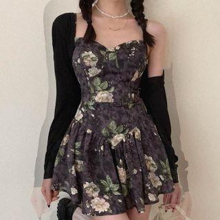 Spaghetti Strap Floral Mini Dress / Long-sleeve Cropped Cardigan