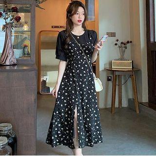 Mock Two-piece Short-sleeve Floral Print Midi A-line Dress