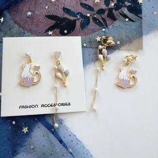 Alloy Non-matching Faux Pearl Cat & Balloon Dangle Earring