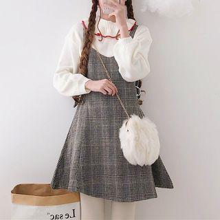 Frill Collar Sweater / Plaid Spaghetti-strap A-line Dress
