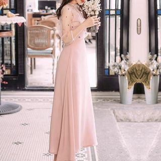 Embroidered Batwing-sleeve Paneled Midi A-line Dress