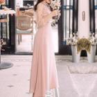 Embroidered Batwing-sleeve Paneled Midi A-line Dress