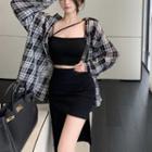 Plaid Shirt / Camisole Top / Pencil Skirt