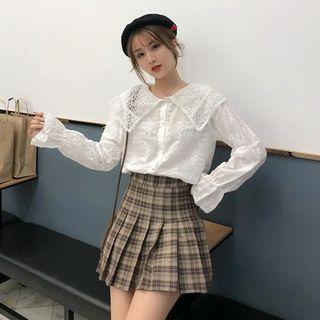 Embroidered Shirt / Plaid Mini A-line Skirt