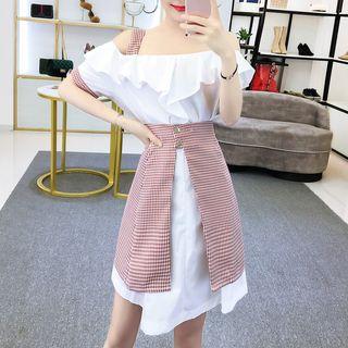 Set: Short-sleeve Cold Shoulder Dress + Checker Mini Skirt Dress - White - One Size / Skirt - Checker - Red - One Size
