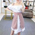 Set: Short-sleeve Cold Shoulder Dress + Checker Mini Skirt Dress - White - One Size / Skirt - Checker - Red - One Size