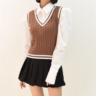 V-neck Two Tone Striped Knit Vest Camel - One Size