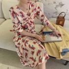 Plain Double-breasted Long-sleeve Blazer / Print V-neck Long-sleeve Dress