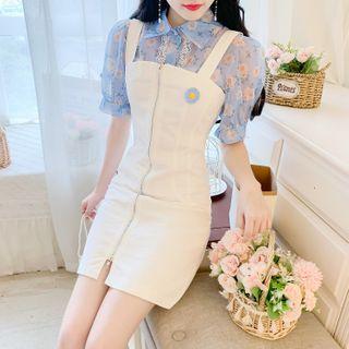Set: Short-sleeve Floral Print Shirt + Mini Pinafore Dress