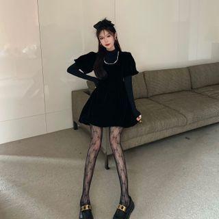 Puff-sleeve Velvet Mini A-line Dress / Long-sleeve Turtleneck Top