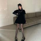 Puff-sleeve Velvet Mini A-line Dress / Long-sleeve Turtleneck Top