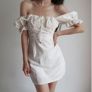 Off Shoulder Puff Sleeve Tie-front Mini Dress