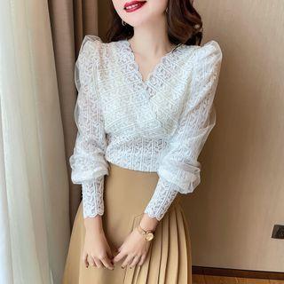 V-neck Mesh Panel Lace Top