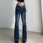 Low Waist Butterfly Embroidered Furry-trim Boot-cut Jeans