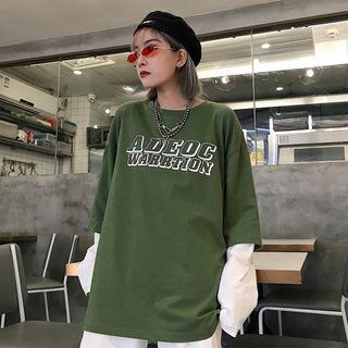 Mock Two-piece Long-sleeve Letter T-shirt Army Green - One Size