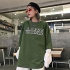 Mock Two-piece Long-sleeve Letter T-shirt Army Green - One Size