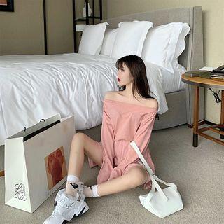 Set: Off-shoulder Long-sleeve Top + Wide-leg Shorts Set - Top - Pink - One Size / Shorts - Pink - One Size