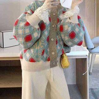 Long-sleeve Top / Patterned Cardigan / Ribbed Knit Wide Leg Pants / Set
