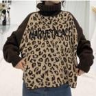 Turtleneck Lettering Leopard Print Panel Sweater Khaki - One Size