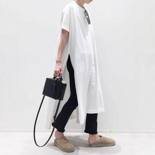 Short-sleeve Side-slit Long T-shirt White - One Size