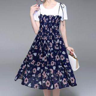 Set: Short-sleeve T-shirt + Floral Print A-line Dress