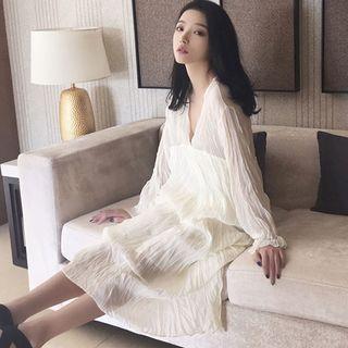 Long-sleeve Crinkled Midi A-line Dress