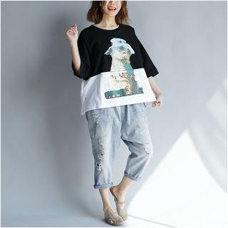 3/4-sleeve Cartoon Print T-shirt