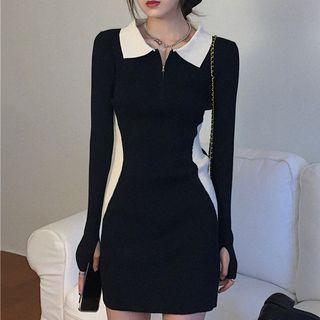 Long-sleeve Polo-neck Two-tone Mini Bodycon Dress Black - One Size