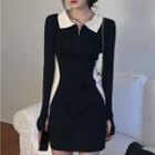 Long-sleeve Polo-neck Two-tone Mini Bodycon Dress Black - One Size