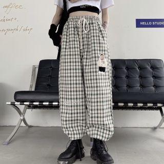 Bear Patch Plaid Wide Leg Pants
