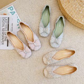 Rhinestone Faux Pearl Bow Flats