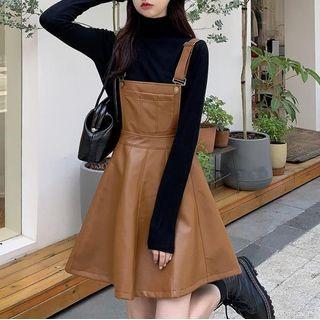 Long-sleeve Top / Faux Leather Overall Dress