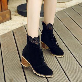 Lace Trim Block Heel Short Boots