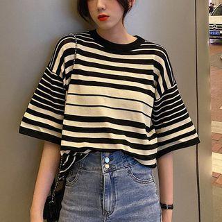 Elbow-sleeve Striped Knit Top Stripe - Black & White - One Size