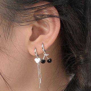 Cherry & Heart Asymmetrical Sterling Silver Fringed Earring