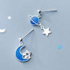 925 Sterling Silver Planet Moon & Star Dangle Earring S925 Silver - 1 Pair - Blue Plant & Moon - Silver - One Size